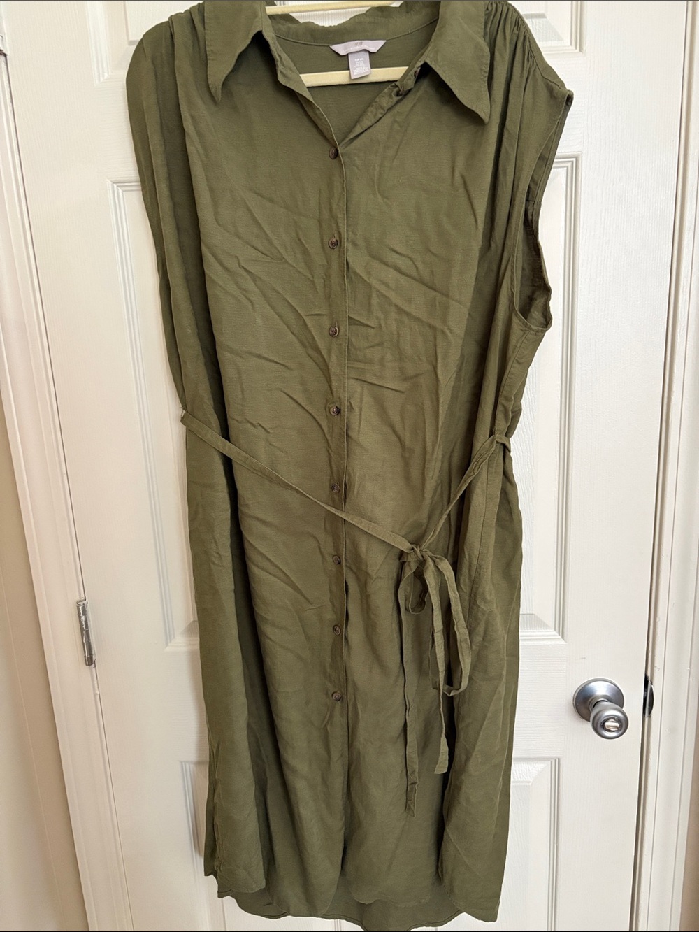 H&M Olive Green Button-Front Midi Dress with Tie Waist
